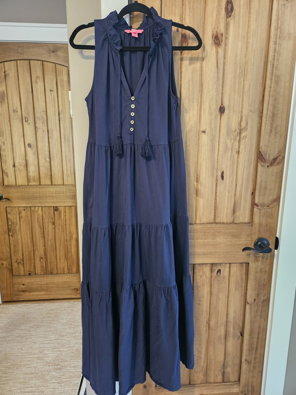 Lilly Pulitzer Navy Ruffled Neck Tiered Malone Maxi Dress with Tassel Tie